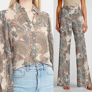2Pc High Waisted Paisley Trousers & See-Through Blouse